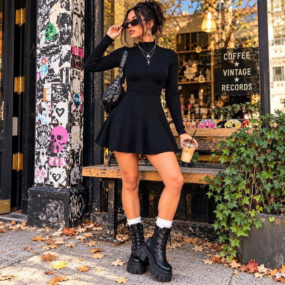 Kensie Ribbed Mock-Neck Fit & Flare Dress Size S Black